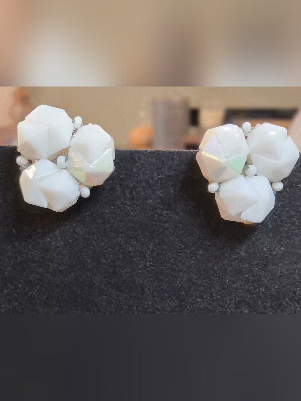 Vintage 1950s White Lucite AB Cluster Clip Earrings Geometric MCM 1"
